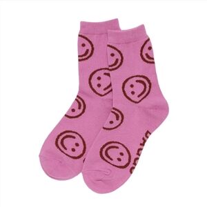 NWT BAGGU Crew Socks Extra Pink Happy Smiley Face